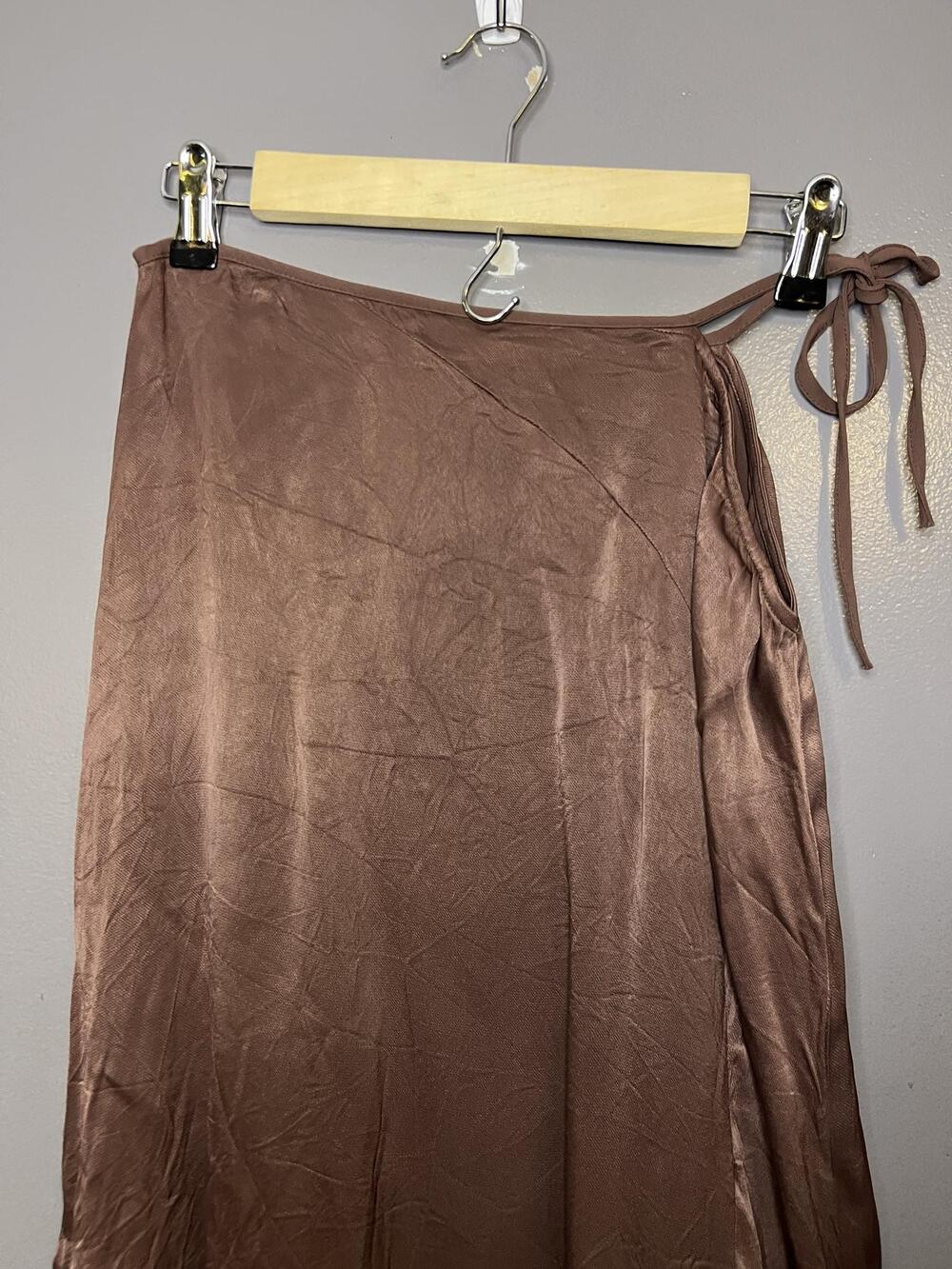 LPA Skirt Womens Medium Brown Satin Wrap Asymmetrical High Low Hem Long Lined